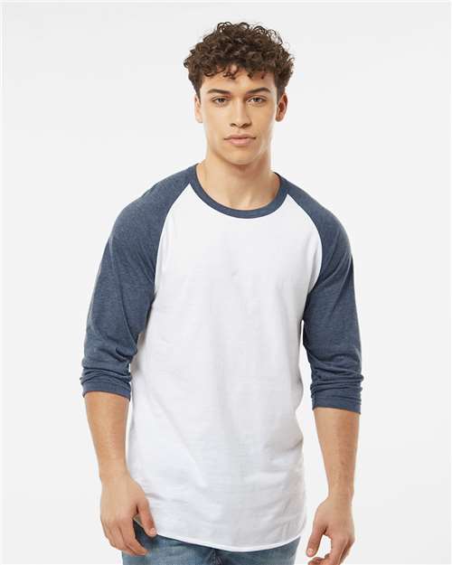 Tultex Unisex Fine Jersey Raglan T-Shirt - Tultex 245 White/ Heather Denim XS Short Sleeve T-Shirts