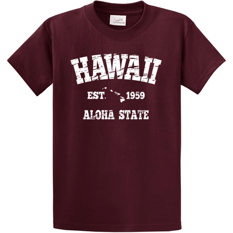 Vintage Hawaiian Islands Tee's in 42 Colors and Regular, Big and Tall Sizes 1959 Athletic Maroon / White logo Small Short Sleeve T-Shirts