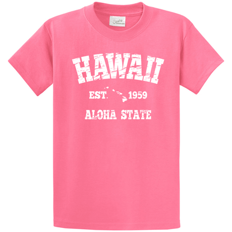 Vintage Hawaiian Islands Tee's in 42 Colors and Regular, Big and Tall Sizes 1959 Candy Pink / White logo Small Short Sleeve T-Shirts