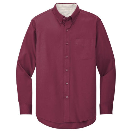 Wholesale Men’s Long - Sleeve Easy - Care Button - Up Shirt | Wrinkle - Resistant Uniform for Restaurants, Offices & Schools Burgundy / Light Stone Small Woven Shirts