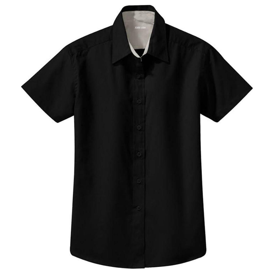 Joe's USA Women's Short Sleeve Button Down Shirts Black / Light Stone / 4X-Large