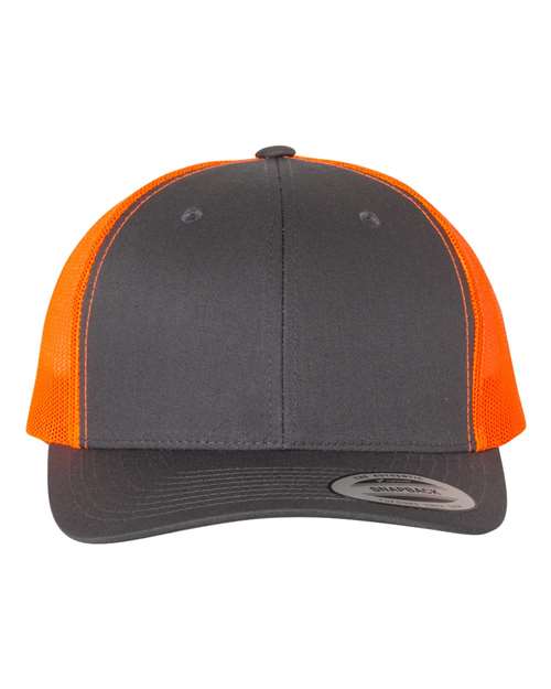 YP Classics 6606 Retro Trucker Cap | Wholesale Yupoong 6606 Retro Trucker Hat Charcoal/ Neon Orange Adjustable Hats