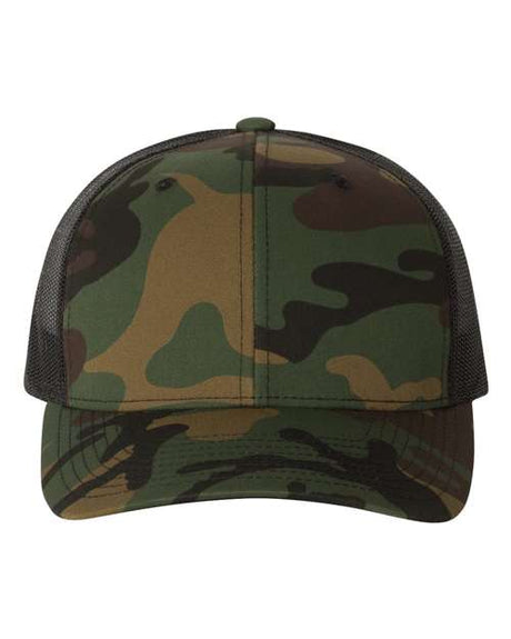 YP Classics 6606 Retro Trucker Cap | Wholesale Yupoong 6606 Retro Trucker Hat Green Camo/ Black Adjustable Hats