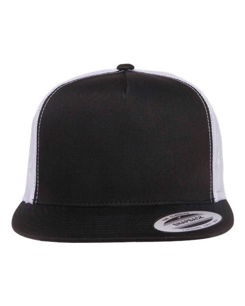 YP Classics Five - Panel Classic Trucker Cap - Yupoong 6006 Black/ White Adjustable Hats