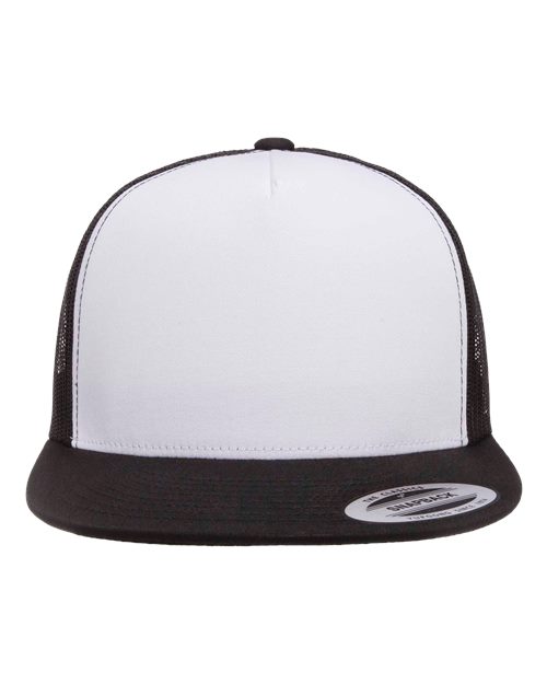 YP Classics Five - Panel Classic Trucker Cap - Yupoong 6006 Black/ White/ Black Adjustable Hats