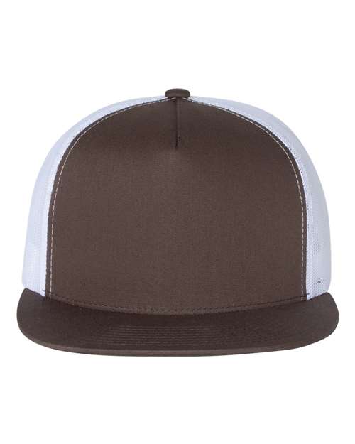 YP Classics Five - Panel Classic Trucker Cap - Yupoong 6006 Brown/ White Adjustable Hats
