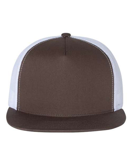 YP Classics Five - Panel Classic Trucker Cap - Yupoong 6006 Brown/ White Adjustable Hats
