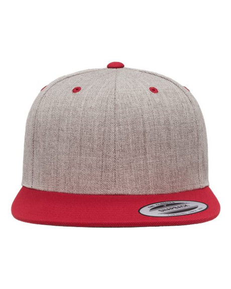 YP Classics Premium Flat Bill Snapback Cap - Yupoong 6089M Heather Grey/ Red Adjustable Hats