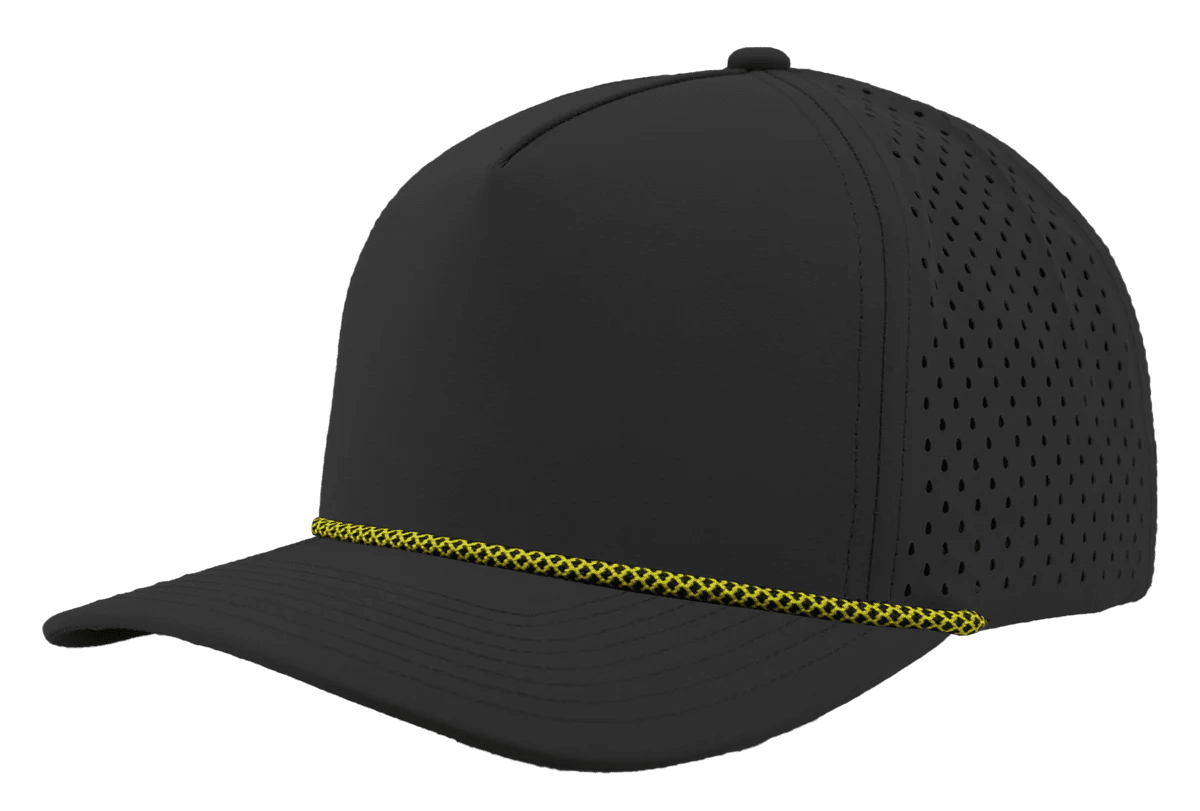 Zapped Headwear BLACKHAWK R+ 5 - Panel Rope Snapback Hat Black - Yellow Chainlink Rope Adjustable Hats