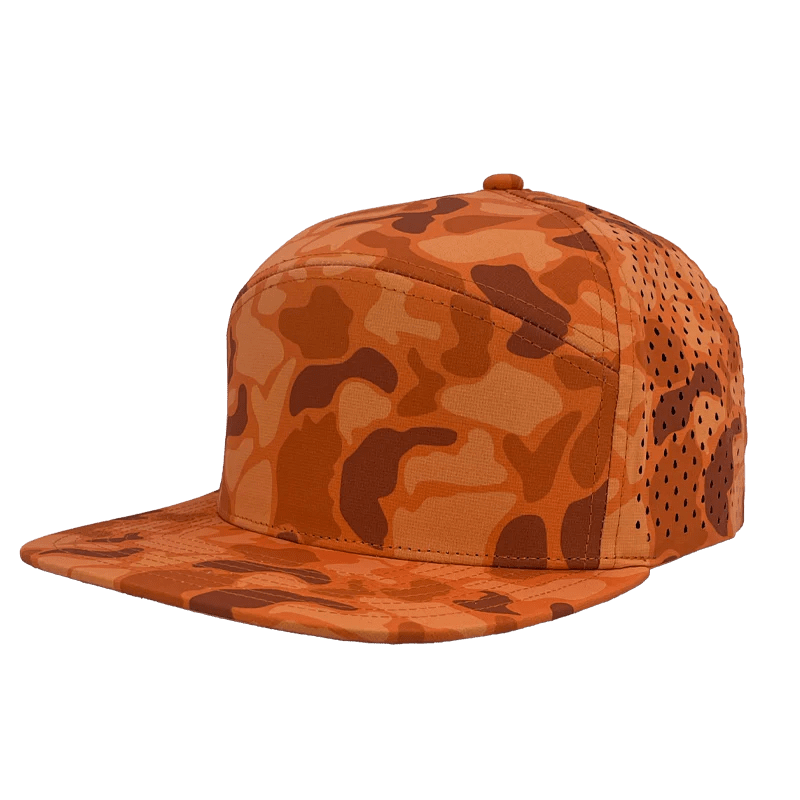 Zapped Headwear OSPREY 7 - Panel Snapback Hat | Wholesale Performance Caps Blaze Orange Old School Camo Adjustable Hats